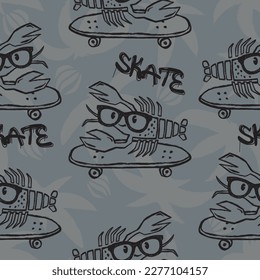 Seamless pattern of a cartoon cute lobster skateboarding and typography background elements.