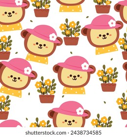 seamless pattern cartoon cute monkey wearing pink hat with flower pot and plant. cute animal wallpaper for textile, gift wrap paper