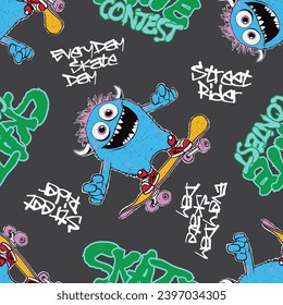 Seamless pattern of a cartoon cute monster skateboard riding hand drawing and typography elements.