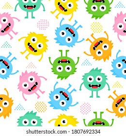 Seamless pattern cartoon cute monsters background. Halloween design vector illustration isolated on white background