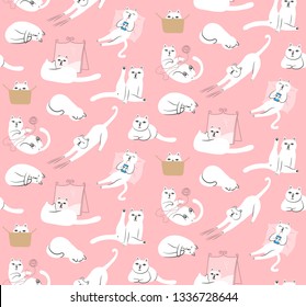 Seamless pattern with cartoon, cute, naughty white cat depicted in funny poses. Playing with a wool ball and sleeping. Sitting in a box, looking in the mirror and resting on a pillow sipping milk.