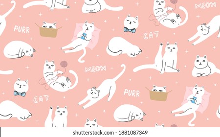 Seamless pattern with cartoon, cute, naughty white cat depicted in funny poses. Playing with a wool ball and sleeping. Sitting in a box, and resting on a pillow sipping milk. Pink background