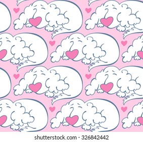 Seamless pattern with cartoon cute outline drawing dogs and pink hearts