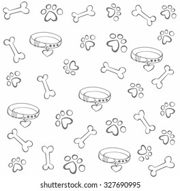 Seamless pattern with cartoon cute outline drawing paw footprints and bones