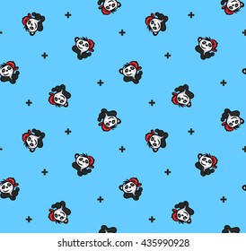 Seamless Pattern, Cartoon Cute Panda Wearing Red Hat Giving Thumb Up On Blue Background Illustration Vector.