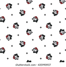 Seamless Pattern, Cartoon Cute Panda Wearing Red Hat Giving Thumb Up Isolated On White Illustration Vector.