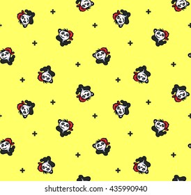 Seamless Pattern, Cartoon Cute Panda Wearing Red Hat Giving Thumb Up On Yellow Background Illustration Vector.