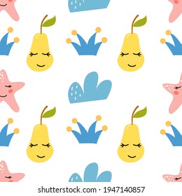 Seamless pattern with cartoon cute pear cloud star, on a white background, in vector graphics. For the decorating wallpaper, textiles, prints for childrens clothing, wrapping paper, notebook covers