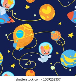 Seamless pattern with cartoon cute pig astronaut in space