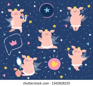 Seamless pattern with cartoon cute pig with crown, wings and tutu skirt. Seamless pattern of funny piglet. Dancing, singing pig. Illustration pattern for kids with stars, crowns, hearts, dots on blue