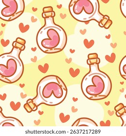 Seamless pattern cartoon of cute pink heart in a glass jar, Little hearts scattered, the color tones are light yellow and light orange. Pattern design for wrapping paper, wallpaper and fashion prints.