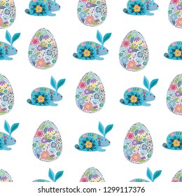 Seamless pattern with Cartoon cute rabbit and decorative easter eggs on a white background. Vector illustration