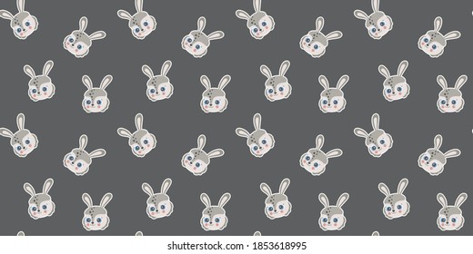 Seamless pattern of cartoon cute rabbit portraits with big opened blue eyes, ruddy cheeks and white outline on a dark brown background. Hares for Easter, fabric,  digital paper. Kawaii bunnies. Vector