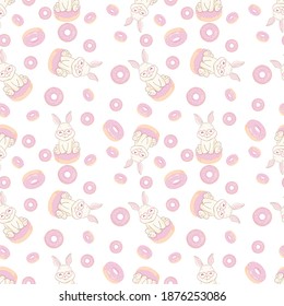 Seamless pattern with cartoon cute rabbit, sweet donut . Funny postcard. Hand-drawn vector illustration. 