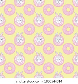 Seamless pattern with cartoon cute rabbit, sweet donut. vector illustration.