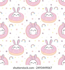 Seamless pattern with cartoon cute rabbit, sweet donut . Funny postcard. Hand-drawn vector illustration.