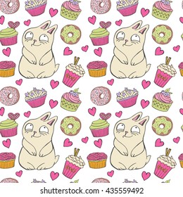 Seamless pattern with cartoon cute rabbit, sweet cupcakes and hearts. Funny postcard. Hand drawn vector illustration. Desserts.