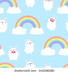 Seamless pattern with cartoon cute rabbits. Vector illustration. Easter concept. Fun holiday background. Wild nature.