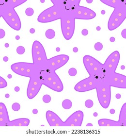 Seamless pattern with cartoon cute smiling starfish and bowls. Endless background with marine character. Underwater world.