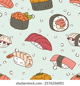 Seamless pattern cartoon of cute sushi. Kawaii japanese food. Pattern design for children fabric, wrapping paper, wallpaper and fashion prints.