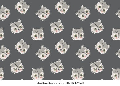 Seamless pattern of cartoon cute teddy bear faces with ruddy cheeks and white outline like stickers on a dark brown background. For fabric, nursery wallpaper, print . Kawaii characters. Vector.
