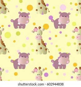 seamless pattern with cartoon cute toy baby behemoth, giraffe and Circles on a light yellow background 