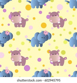 seamless pattern with cartoon cute toy baby behemoth, elephant and Circles on a light yellow background 