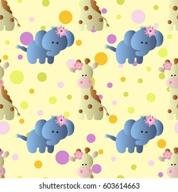 seamless pattern with cartoon cute toy baby elephant, giraffe and Circles on a light yellow background