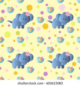seamless pattern with cartoon cute toy baby elephant, bird and Circles on a light yellow background