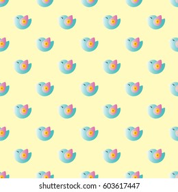 seamless pattern with cartoon cute toy baby bird on a light yellow background