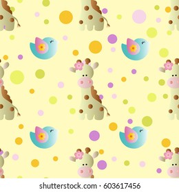 seamless pattern with cartoon cute toy baby giraffe, bird and Circles on a light yellow background
