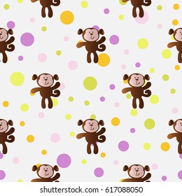 seamless pattern with cartoon cute toy baby monkey and Circles on a light gray background
