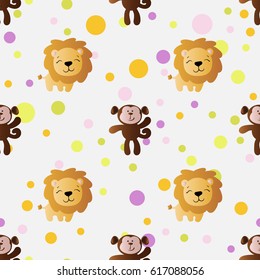 seamless pattern with cartoon cute toy baby monkey, lion and Circles on a light gray background