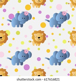 seamless pattern with cartoon cute toy baby elephant, lion and Circles on a light gray background