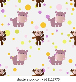 seamless pattern with cartoon cute toy baby behemoth, monkey and Circles on a light gray background