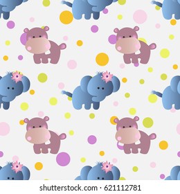 seamless pattern with cartoon cute toy baby behemoth, elephant and Circles on a light gray background