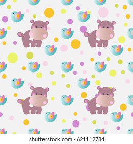 seamless pattern with cartoon cute toy baby behemoth, bird and Circles on a light gray background