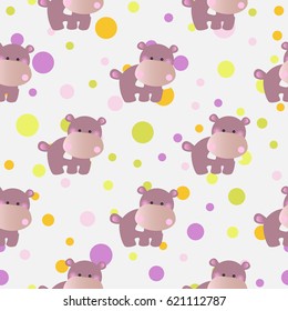 seamless pattern with cartoon cute toy baby behemoth and Circles on a light gray background