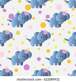 seamless pattern with cartoon cute toy baby elephant and Circles on a light gray background