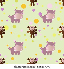 seamless pattern with cartoon cute toy baby behemoth, monkey and Circles on a light green background