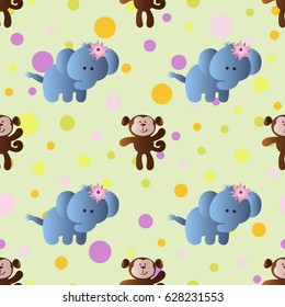 seamless pattern with cartoon cute toy baby elephant, monkey and Circles on a light green background