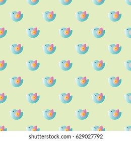 seamless pattern with cartoon cute toy baby bird on a light green background