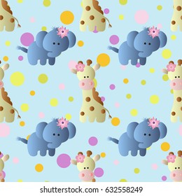 seamless pattern with cartoon cute toy baby elephant, giraffe and Circles on a light blue background