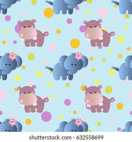 seamless pattern with cartoon cute toy baby behemoth, elephant and Circles on a light blue background