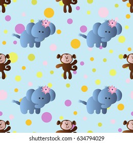 seamless pattern with cartoon cute toy baby elephant, monkey and Circles on a light blue background