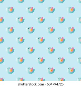 seamless pattern with cartoon cute toy baby bird on a light blue background