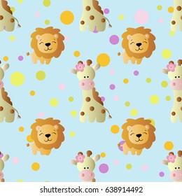 seamless pattern with cartoon cute toy baby giraffe, lion and Circles on a light blue background