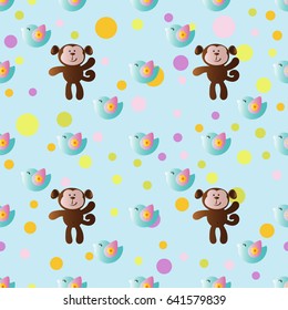 seamless pattern with cartoon cute toy baby monkey, bird and Circles on a light blue background