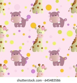 seamless pattern with cartoon cute toy baby behemoth, giraffe and Circles on a light pink
 background