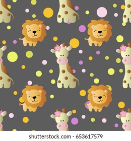 seamless pattern with cartoon cute toy baby giraffe, lion and Circles on a dark gray  background